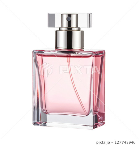Pink luxury perfume bottle with an elegant glass spray container isolated on white 127745946