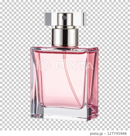 Pink luxury perfume bottle with an elegant glass spray container isolated on white 127745946