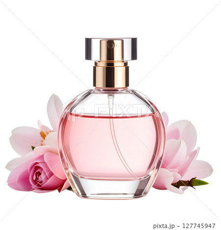 Pink luxury perfume bottle with an elegant glass spray container isolated on white 127745947