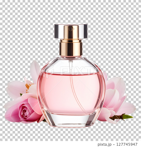 Pink luxury perfume bottle with an elegant glass spray container isolated on white 127745947