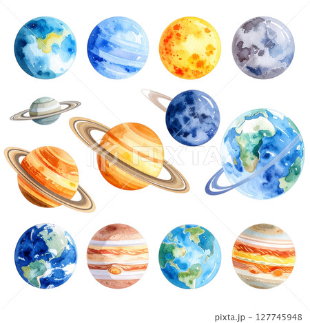 Blue planet earth globes and moon vector icon set for global business illustration 127745948