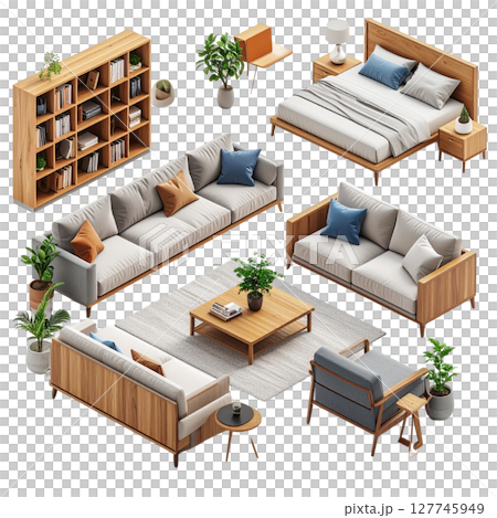 Modern interior design for a living room with wooden furniture, a stylish home office, and architectural elements Modern interior design for a living room with wooden furniture, a stylish home office, and architectural elements 127745949