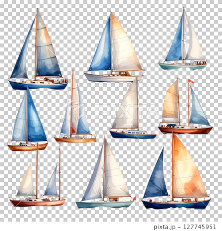 Isolated white background sailing ship set featuring a classic regatta vessel with a mast and sails Isolated white background sailing ship set featuring a classic regatta vessel with a mast and sails 127745951