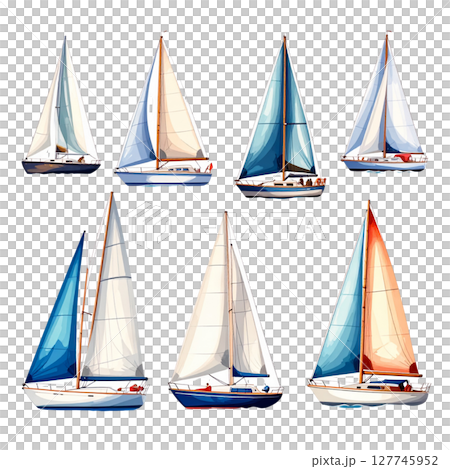 Isolated white background sailing ship set featuring a classic regatta vessel with a mast and sails 127745952