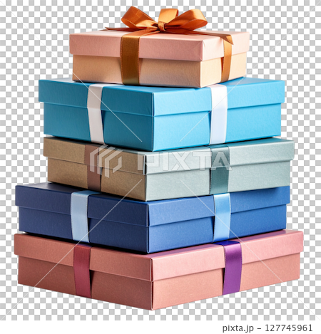 A vibrant stack of red, gold, and colorful gift boxes with bows and ribbons, perfect for any holiday celebration, birthday, or anniversary surprise 127745961