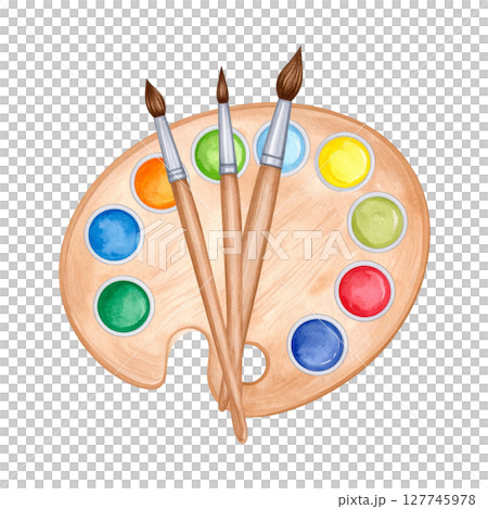 An artist's set of colorful watercolor paints and brushes, perfect for eye-catching creative art and design An artist's set of colorful watercolor paints and brushes, perfect for eye-catching creative art and design 127745978