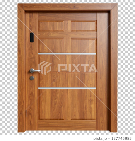 Isolated empty brown wooden bookshelf with an open door 127745983
