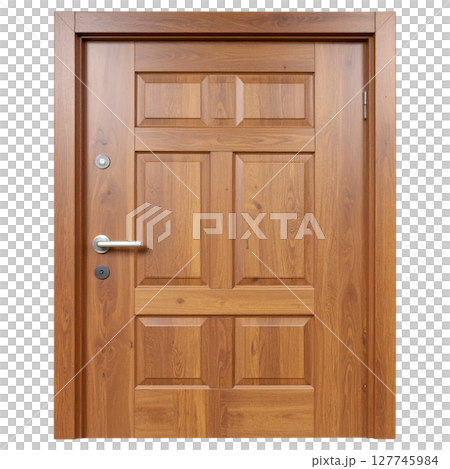 Isolated empty brown wooden bookshelf with an open door 127745984
