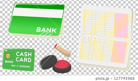 Bankbook, cash card, stamp and red ink 127745988