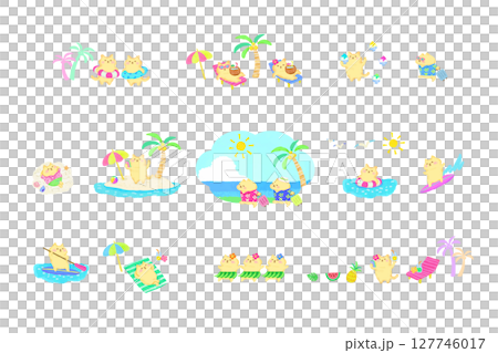 一組可愛的貓咪在避暑勝地享受的水彩插圖 127746017