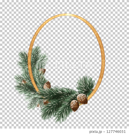 Gold frame with hand-drawn pine branches and cones, illustration for holiday cards and seasonal decor. Gold frame with hand-drawn pine branches and cones, illustration for holiday cards and seasonal decor. 127746031