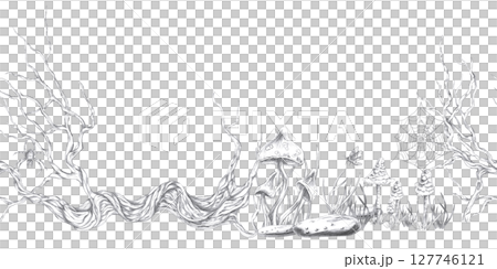 Seamless border with poisonous mushrooms on the background of an old tree. Isolated pencil illustration on the theme of magic for Halloween event decoration, postcard printing, interior design. 127746121