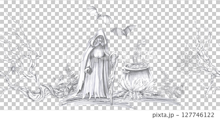 Seamless border with a witch in the forest. Isolated pencil illustration on the theme of magic for Halloween event decoration, postcard printing, interior design, clothing printing. 127746122