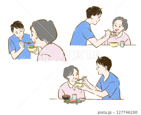 福祉・介護：食事をするシニア女性と若い男性 127746280