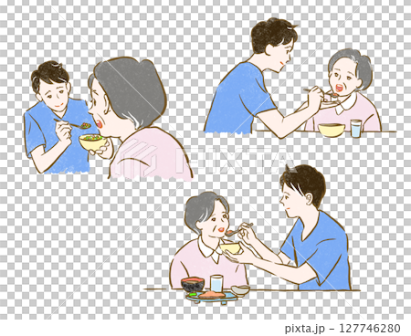 福祉・介護：食事をするシニア女性と若い男性 127746280