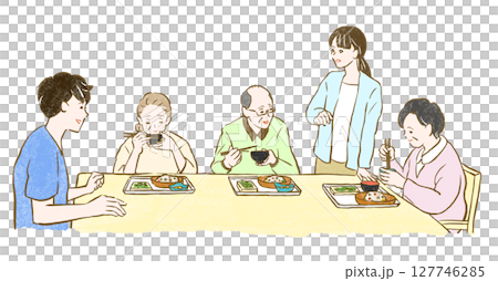 Welfare and nursing care: A senior group eating with young male and female staff Welfare and nursing care: A senior group eating with young male and female staff 127746285