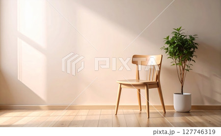 Modern home interior design with a stylish wooden chair, table, and light in a luxurious living room Modern home interior design with a stylish wooden chair, table, and light in a luxurious living room 127746319