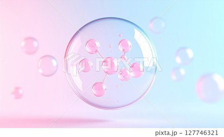 Shiny pink soap bubbles float on a light background 127746321