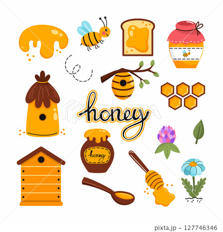 large set of illustrations on topic of honey and beekeeping. Doodle style drawings for postcard decor 127746346