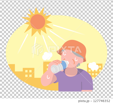 A senior woman wearing a hat to prevent heatstroke and hydrate 127746352