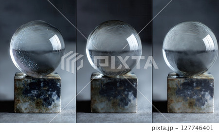 Three Crystal Spheres on Stone Blocks 127746401