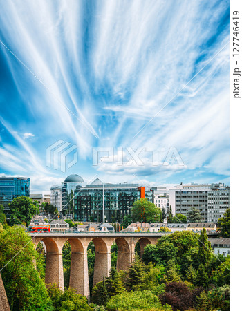Old Bridge, Passerelle Bridge Or Luxembourg Viaduct In Luxembourg. Old Bridge, Passerelle Bridge Or Luxembourg Viaduct In Luxembourg. 127746419