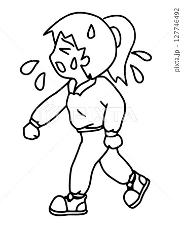 汗をかきながら疲れて歩く若い女性のイラスト　線画 127746492