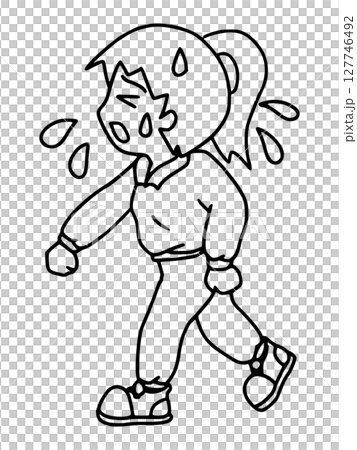 汗をかきながら疲れて歩く若い女性のイラスト　線画 127746492