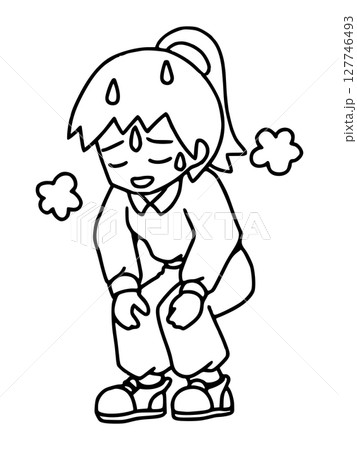 運動後に疲れて汗をかく若い女性のイラスト　線画 127746493