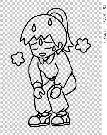 運動後に疲れて汗をかく若い女性のイラスト　線画 127746493