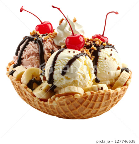 Delicious scoops of chocolate, vanilla, and strawberry ice cream with cherries, a sweet frozen dessert Delicious scoops of chocolate, vanilla, and strawberry ice cream with cherries, a sweet frozen dessert 127746639