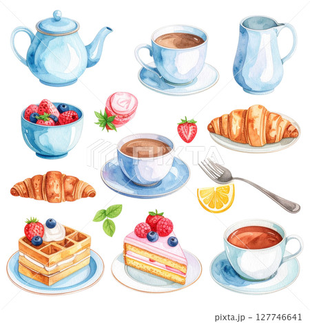 Vector set of cartoon food icons: coffee, tea, and sweet desserts like cake, cupcakes, and chocolate, perfect for breakfast or cafe menus 127746641