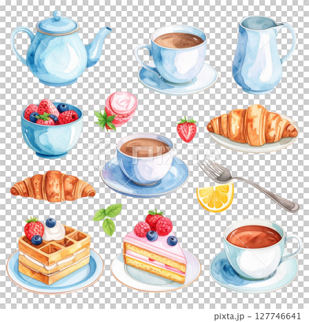 Vector set of cartoon food icons: coffee, tea, and sweet desserts like cake, cupcakes, and chocolate, perfect for breakfast or cafe menus 127746641
