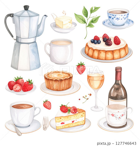 Vector set of cartoon food icons: coffee, tea, and sweet desserts like cake, cupcakes, and chocolate, perfect for breakfast or cafe menus Vector set of cartoon food icons: coffee, tea, and sweet desserts like cake, cupcakes, and chocolate, perfect for breakfast or cafe menus 127746643
