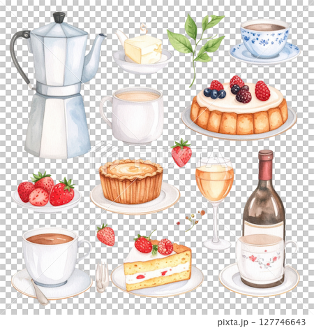 Vector set of cartoon food icons: coffee, tea, and sweet desserts like cake, cupcakes, and chocolate, perfect for breakfast or cafe menus 127746643