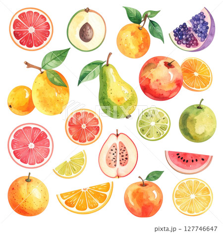 Seamless background with a fresh collection of isolated citrus fruits, apples, pears, kiwi, strawberries, bananas, pineapples, and peaches on white Seamless background with a fresh collection of isolated citrus fruits, apples, pears, kiwi, strawberries, bananas, pineapples, and peaches on white 127746647