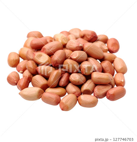 Whole brown peanuts with shells on a white background, a healthy and organic snack 127746703