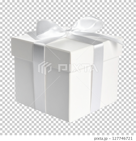 White gift box with red ribbon and bow, perfect for Christmas, birthday, or holiday celebrations 127746721