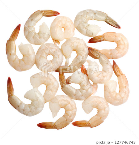 Fresh, raw seafood: market-fresh fish, shrimp, and prawns on a white background, ideal for a delicious meal 127746745