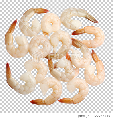 Fresh, raw seafood: market-fresh fish, shrimp, and prawns on a white background, ideal for a delicious meal 127746745