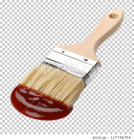 A single artist's paintbrush with a wooden handle and metal ferrule, loaded with vibrant color, stands isolated as an essential tool for painting and creative art work A single artist's paintbrush with a wooden handle and metal ferrule, loaded with vibrant color, stands isolated as an essential tool for painting and creative art work 127746764
