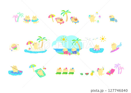 夏リゾートを楽しむかわいい猫　手描きイラスト　セット 127746840