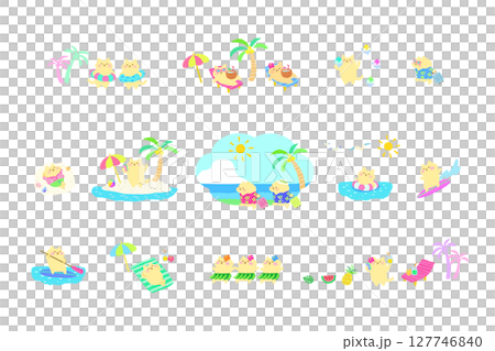 夏リゾートを楽しむかわいい猫　手描きイラスト　セット 127746840