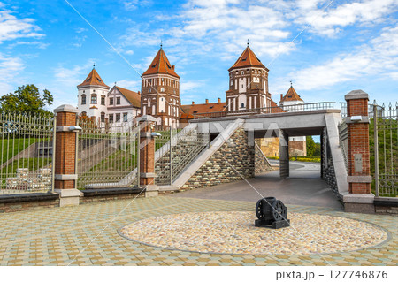Mir Castle majestic fortification fortress Park monument entrance gate Belarus. 127746876