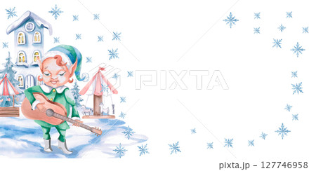 Rectangular frame with a Christmas elf playing a guitar. Isolated watercolor illustration on the theme of Christmas for the design of cards, posters, concert tickets. Rectangular frame with a Christmas elf playing a guitar. Isolated watercolor illustration on the theme of Christmas for the design of cards, posters, concert tickets. 127746958