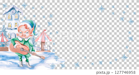 Rectangular frame with a Christmas elf playing a guitar. Isolated watercolor illustration on the theme of Christmas for the design of cards, posters, concert tickets. Rectangular frame with a Christmas elf playing a guitar. Isolated watercolor illustration on the theme of Christmas for the design of cards, posters, concert tickets. 127746958