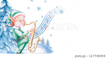 Christmas elf playing saxophone against the background of a New Year tree. Rectangular frame in isolated watercolor illustration on the theme of Christmas for design of postcards, concert tickets. Christmas elf playing saxophone against the background of a New Year tree. Rectangular frame in isolated watercolor illustration on the theme of Christmas for design of postcards, concert tickets. 127746959