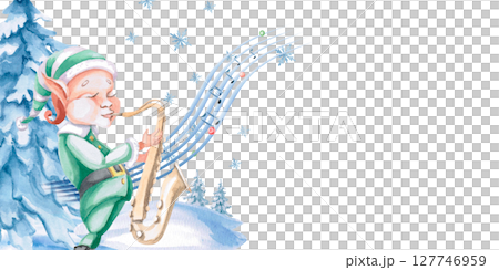 Christmas elf playing saxophone against the background of a New Year tree. Rectangular frame in isolated watercolor illustration on the theme of Christmas for design of postcards, concert tickets. Christmas elf playing saxophone against the background of a New Year tree. Rectangular frame in isolated watercolor illustration on the theme of Christmas for design of postcards, concert tickets. 127746959