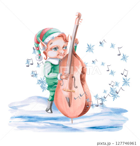 Christmas elf playing double bass surrounded by notes and snowflakes. Isolated watercolor illustration on Christmas theme for design of postcards, posters, advertising posters, concert tickets. 127746961
