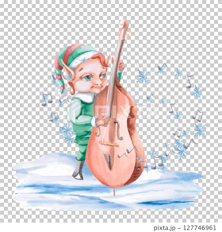 Christmas elf playing double bass surrounded by notes and snowflakes. Isolated watercolor illustration on Christmas theme for design of postcards, posters, advertising posters, concert tickets. 127746961